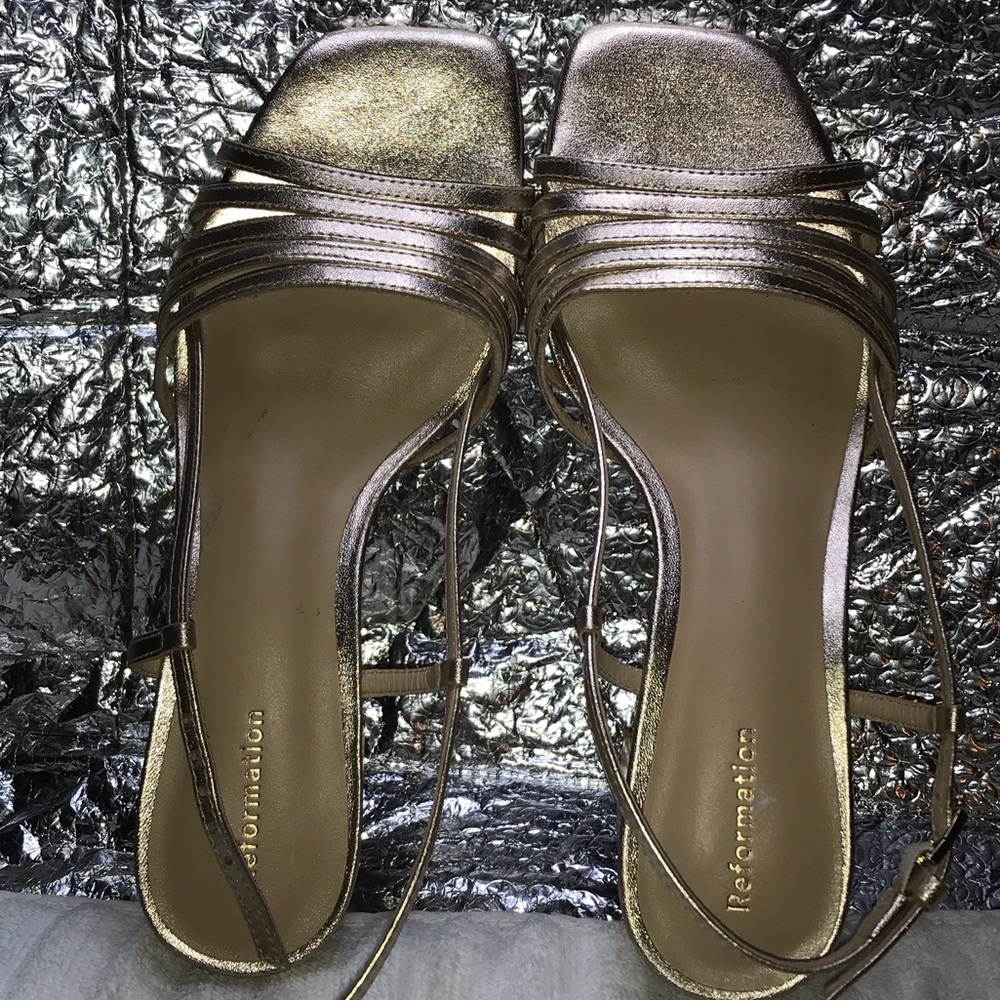 Reformation Rose Gold Strappy Square-Toe Heels
